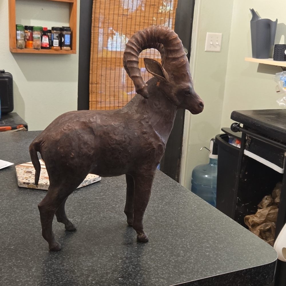 Vintage Ram Big Horn Figurine Leather Wrapped - Mid Century Decorative Glass Eye